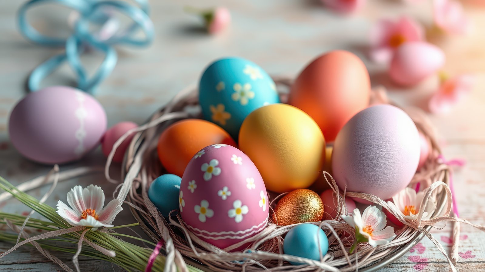 Colorful Easter eggs arranged in a decorative nest with flowers and ribbons for a festive spring celebration